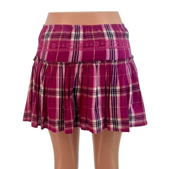 Vintage Old Navy Pink Plaid Tiered Ruffle Hem Mini Skirt - Picture 3 of 13